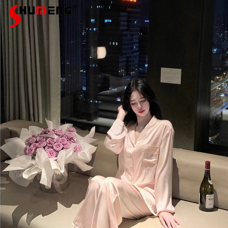 حجر الراين الأصلي الحرير الجليد المتسكعون النساء الفاخرة طويلة الأكمام منامة مجموعة السيدات ربيع الخريف بلون Homewear دعوى