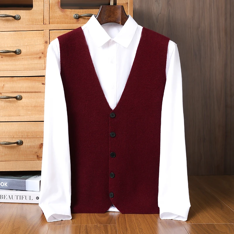 100% pure cashmere cardigan men's V-neck sleeveless cashmere vest Joker comfort temperament Siping cardigan vest coat