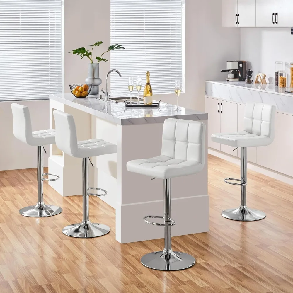 Bar Stools Set of 4, PU Leather Adjustable Swivel, Armless with Bigger Base, Thickened Seat Cushion, Square Island Barstools