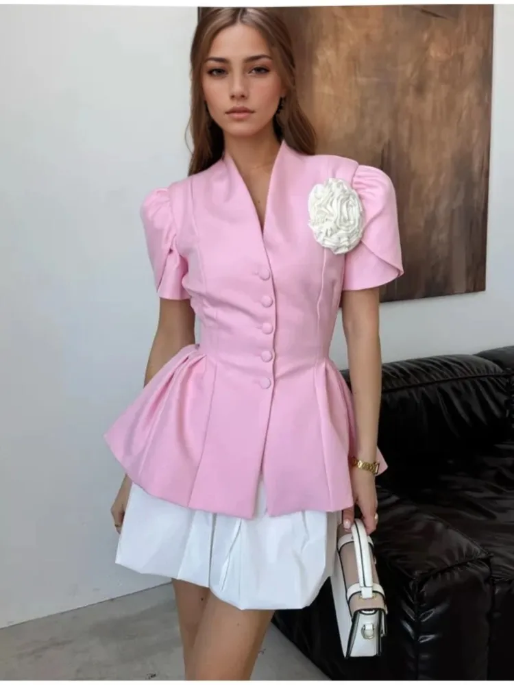 Fashion 3d Flower Decorate Blazer Jacket Women Elegant Pleated Slim Suit Top Office 2025 New Single Breasted Short Sleeve Blazer