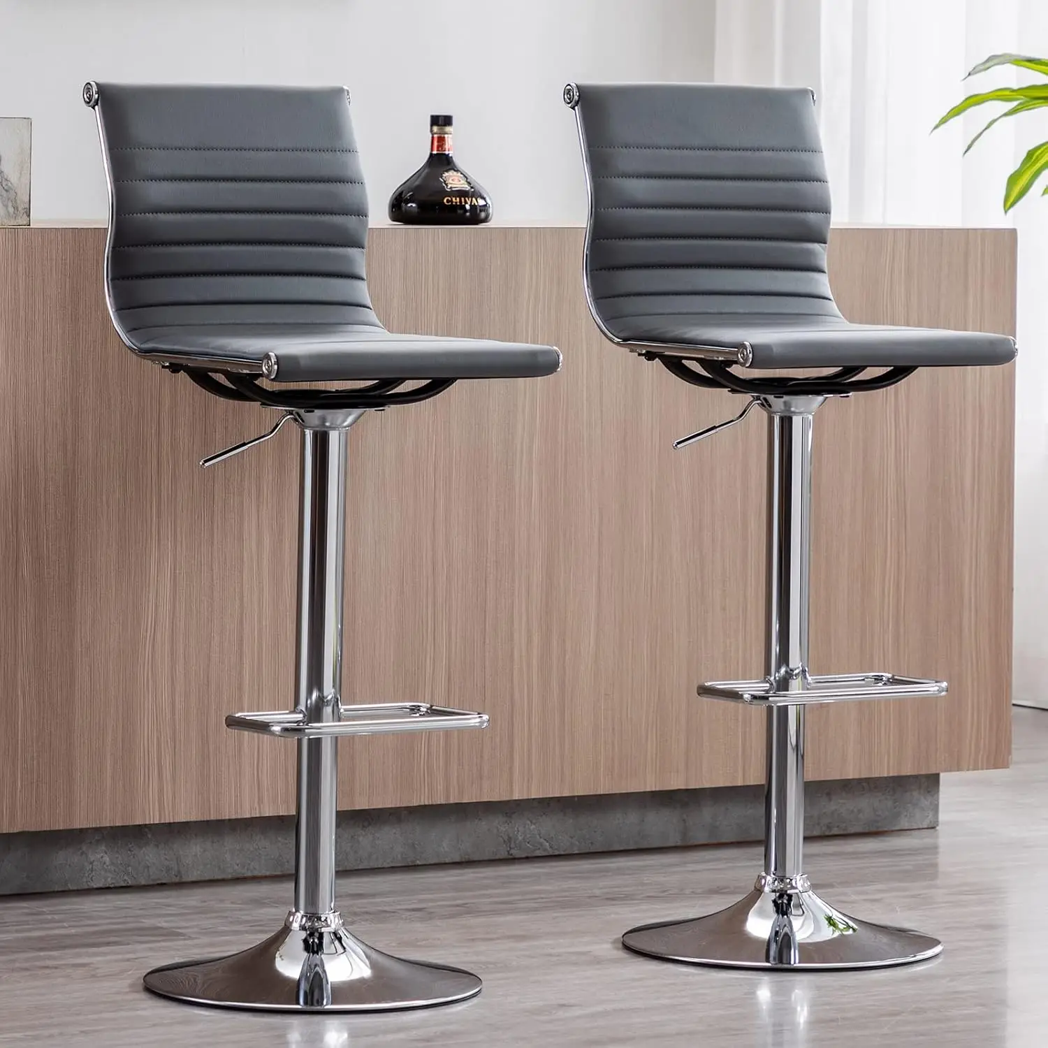 

Metal Bar Stools Chairs Set of 2 Height Adjustable Barstools Modern Grey PU Leather Armless Counter Stool with Chrome Base fo