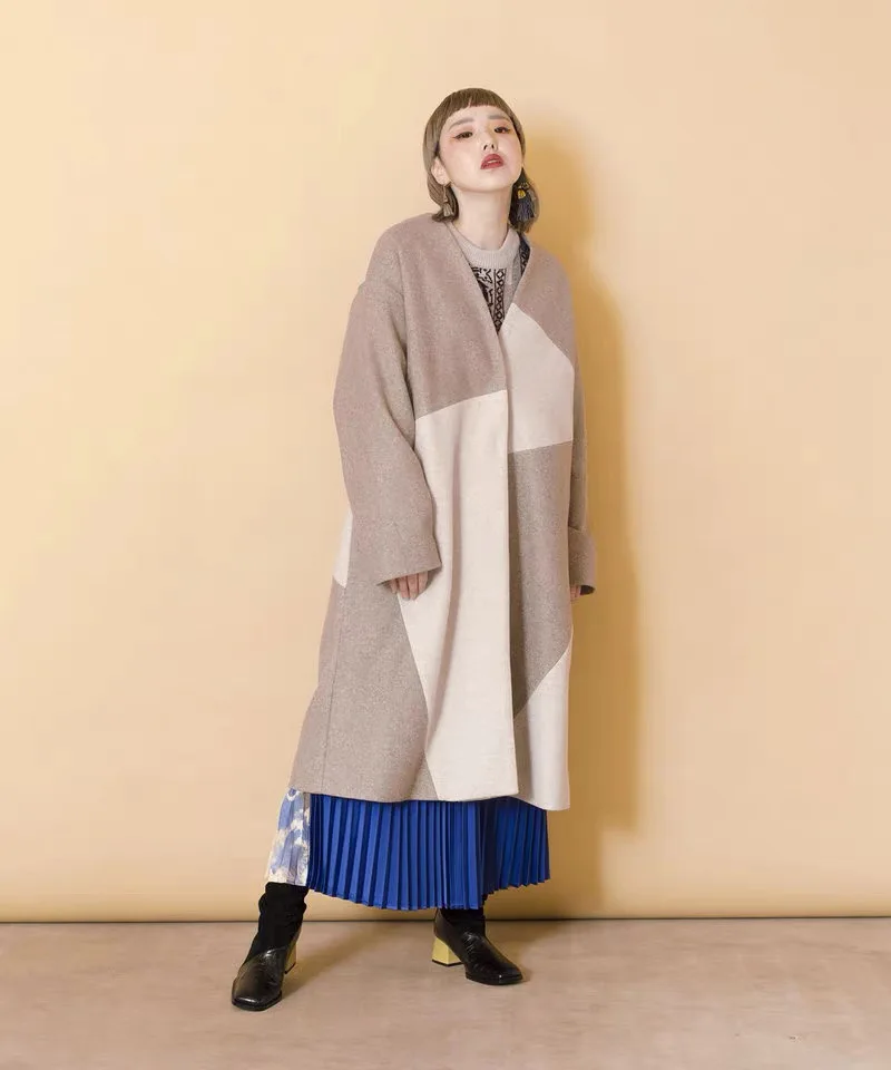 Oversized Woolen Jacket  Osmosis Patchwork Decorative Geometric Irregular Shape Commute Style Long Sleeve V-Neck Coat