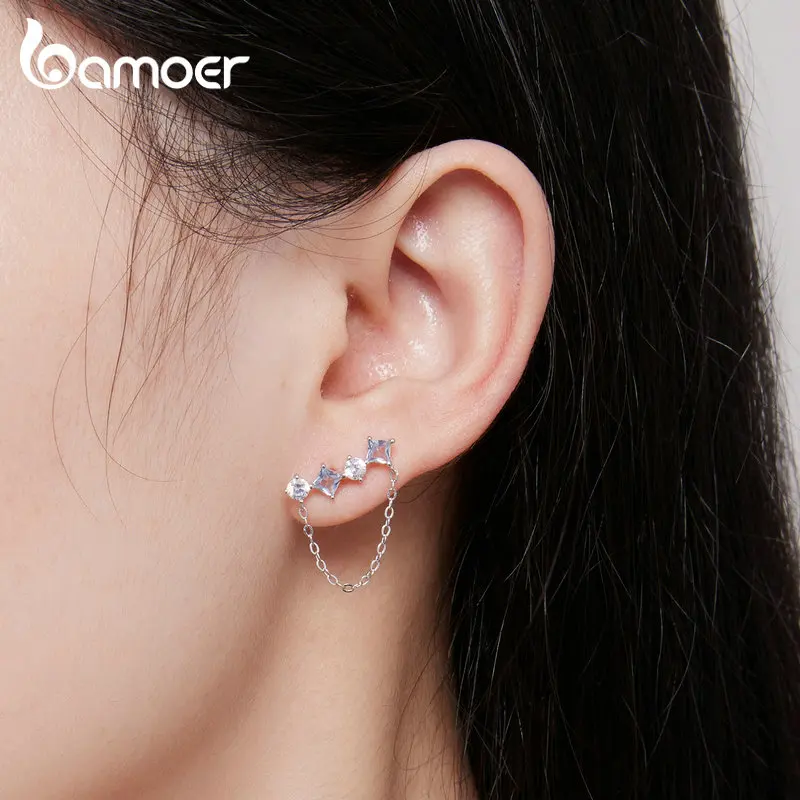 Bamoer 925 Sterling Silver Chain Pendant Stud Earring for Women  Delicate Zircon Hoop Earring drop Earings Birthday Jewelry Gift image 2