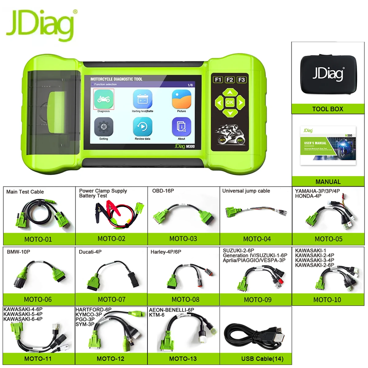 

Диагностический инструмент для мотоцикла BMW Yamaha Honda Harley KTM Duca Moto сканер неисправностей, обнаружение считывания кода, двигатель OBD2 JDiag M300