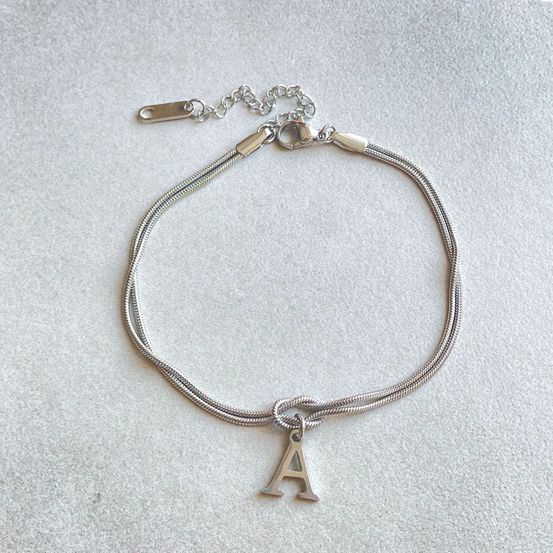 Stainless Steel Dainty Letter A-Z Love Knot Bracelets for Women Couple Fashion Snake Chain Charm Bracelet Jewelry Gift