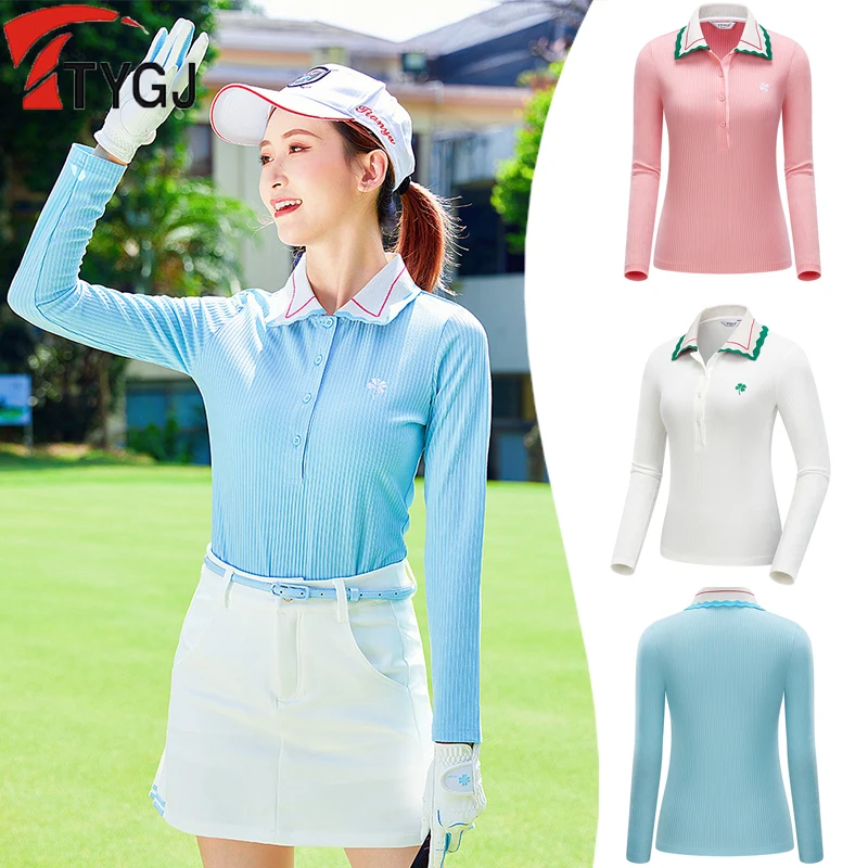 

TTYGJ Autumn Golf Sweater Pullover Women Spring Long Sleeve Golf Polo Shirts Female Button Fron Knitted Top Soft Slim Sportswear