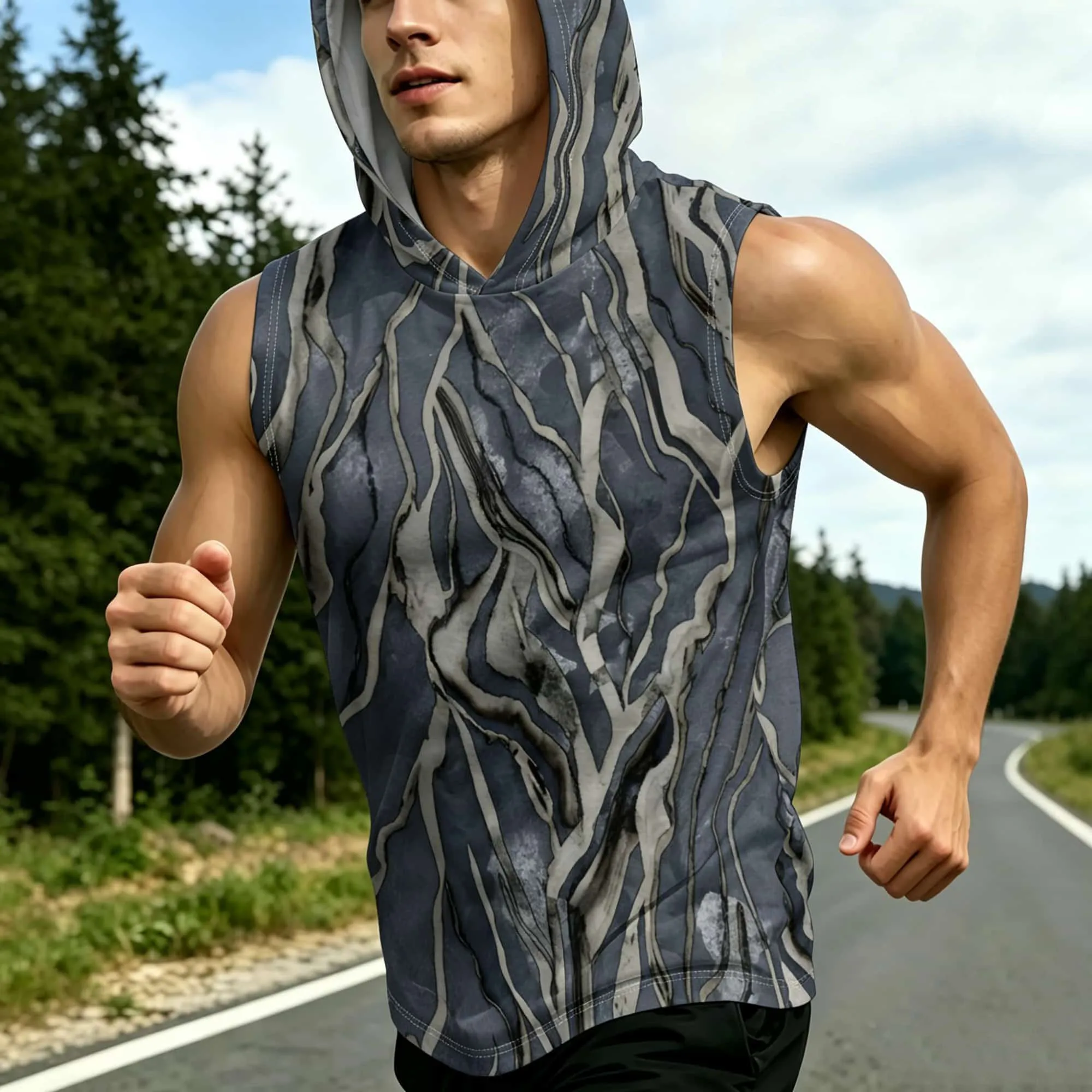 Outdoor Sports Sleeveless Hoodie for Men Grey Dark Blue Wood Grain Camo Tank Tops Breathable Jogging Workout Hooded Vest