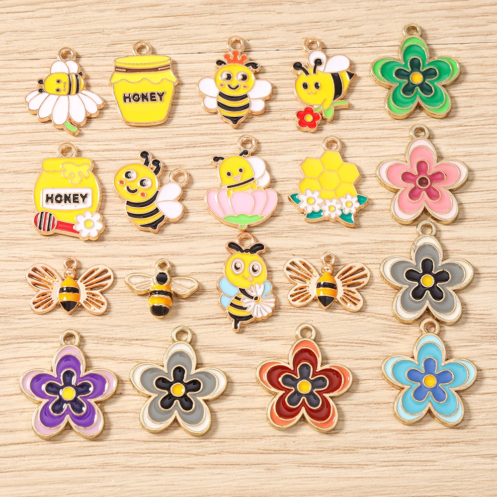 Tusember 10 Stück Emaille-Anhänger mit Cartoon-Blumen und Bienen, niedliche Honigbienen-Charms für Halsketten, Ohrringe, Armbänder, Schmuckherstellung, Basteln – Detail 2