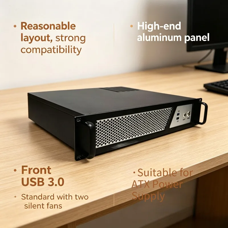 2U Industrial Chassis, Aluminum Profile Panel, 380mm Short, Dustproof Server Case, ATX PSU, Dual 12V Silent Fans