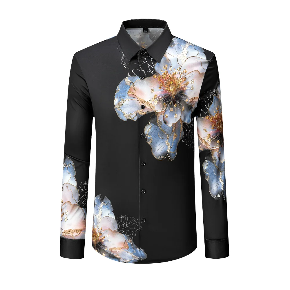 Luxury Floral Rhinestone Long Sleeved Shirt Men Casual Business Dress Shirts Versatile Banquet Party Stage Performance Costumes