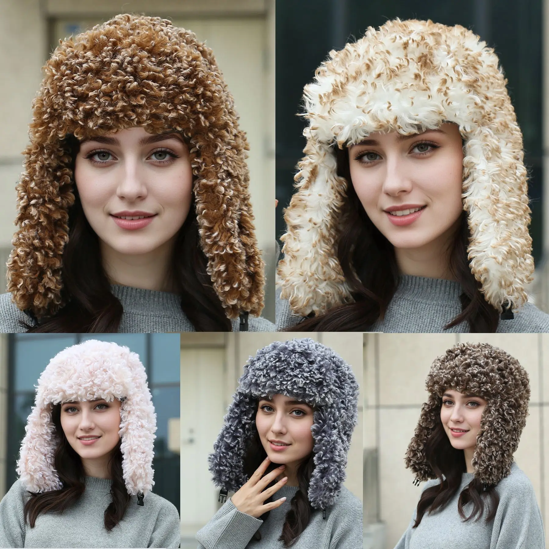 Modna czapka traperka dla dorosłych, czapka lotnicza uszanka na ekstremalne zimy, imitacja futra jagnięcego, wełniana czapka z ochroną uszu, ciepła damska czapka narciarska 8M97