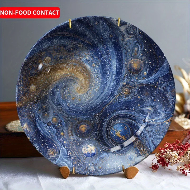 1pc Elegant Ceramic Decorative Plate with Blue Golden Swirl Art Pattern - Non-Food Contact, Modern Minimalist Style for Home