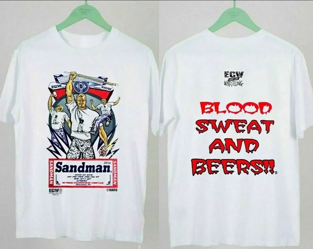 Sandman Blood Sweat Beers T Shirt Ecw Mens Double Sided Cotton For Fans