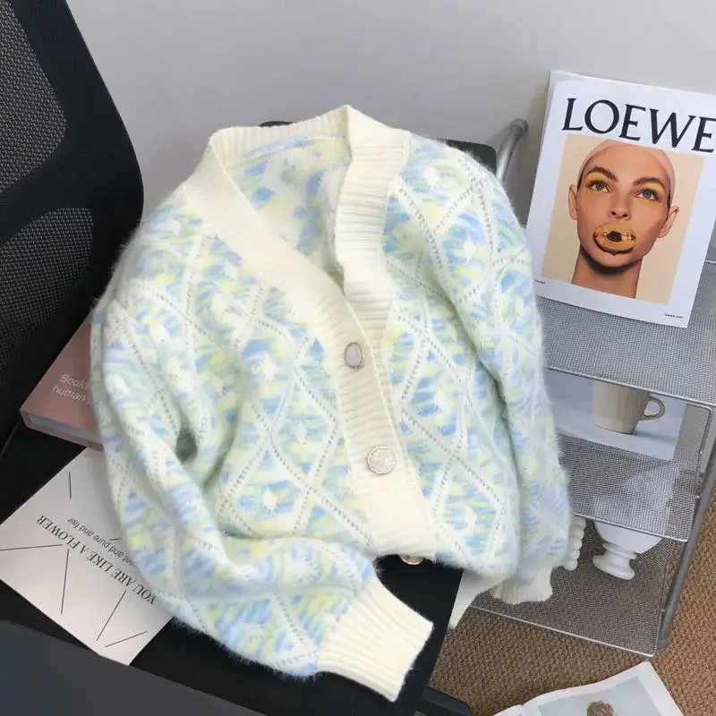 الرجعية تليين Ageless فضفاض المرأة سترة مشغولة من الصوف قصيرة الماس نمط ملابس خارجية الخامس الرقبة كم كامل سترة عادية القمم #5