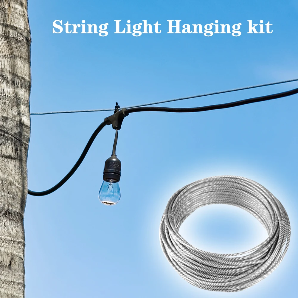 String Light Hanging Kit Stainless Steel Steel Wire Rope Heavy Duty String Lights Suspension Tool for Outdoor Garden Indoors
