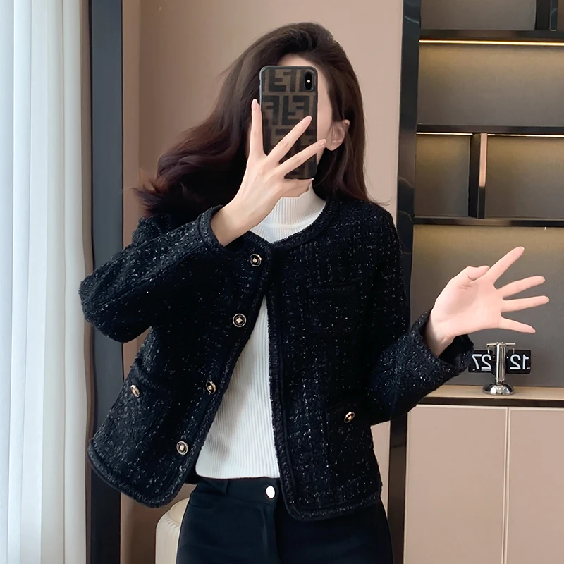 

2024 New Autumn ort Coat Bla Thi Tweed Women's irt Sle Small Fraance Sle Outerwear Slim Fit round Ne Button up