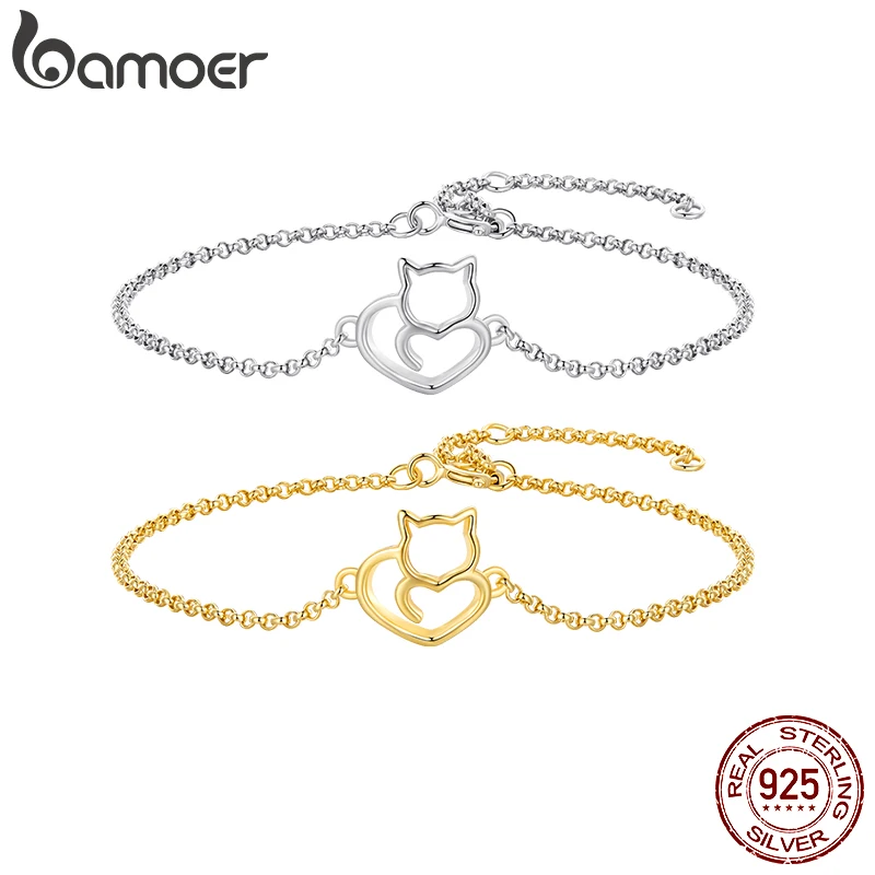 BAMOER 100% 925 Sterling Silver Cat And Heart Link Chain Bracelets & Bangles for Women Authentic Silver Jewelry Gift 3 Colors