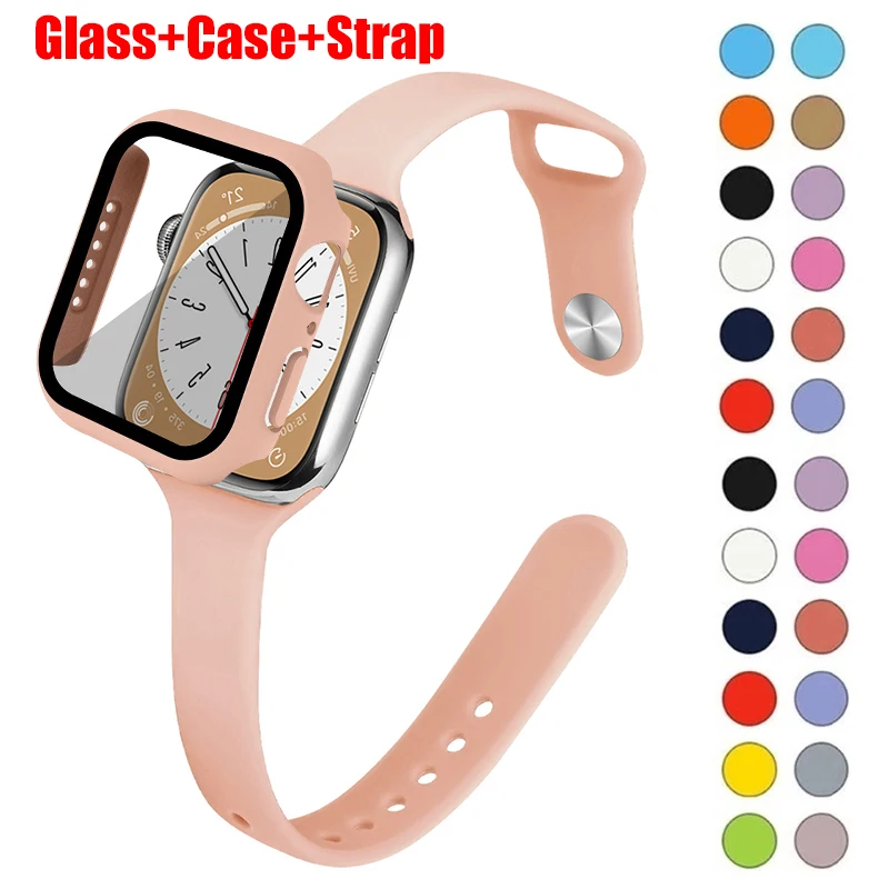 Glass+Case+Slim Strap For Apple Watch band 44mm 40mm 45mm 41mm 38mm 42mm Silicone watchband bracelet iWatch series 4 5 6 se 7 8