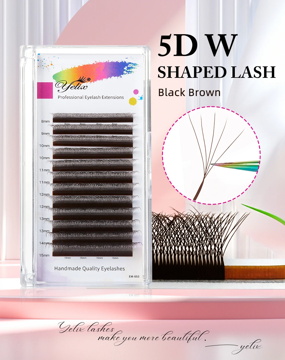 Yelix Classic Schwarz Braun 5D-W-förmige vorgefertigte Volumen-Wimpernfächer Wimpernverlängerungs-Trays Leicht Weich Flauschig Natürlicher Wispy-Look 5 La – Detail 1