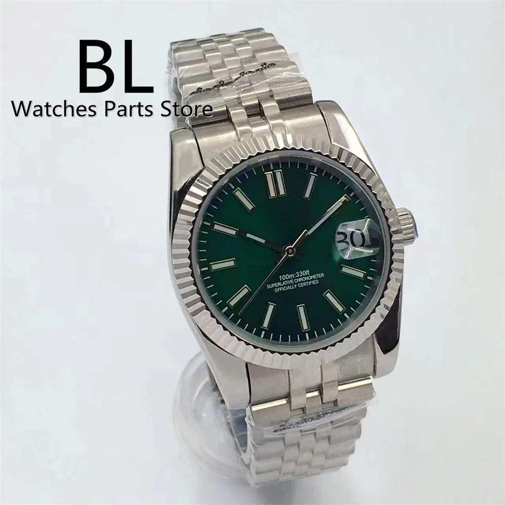 Imagem -03 - Bliger Relógio Automático Masculino Luminous Jubilee Bracelet Glide Lock Bezel Fluted Prata Mostrador Verde Movimento de Data Nh35 36 mm 39 mm