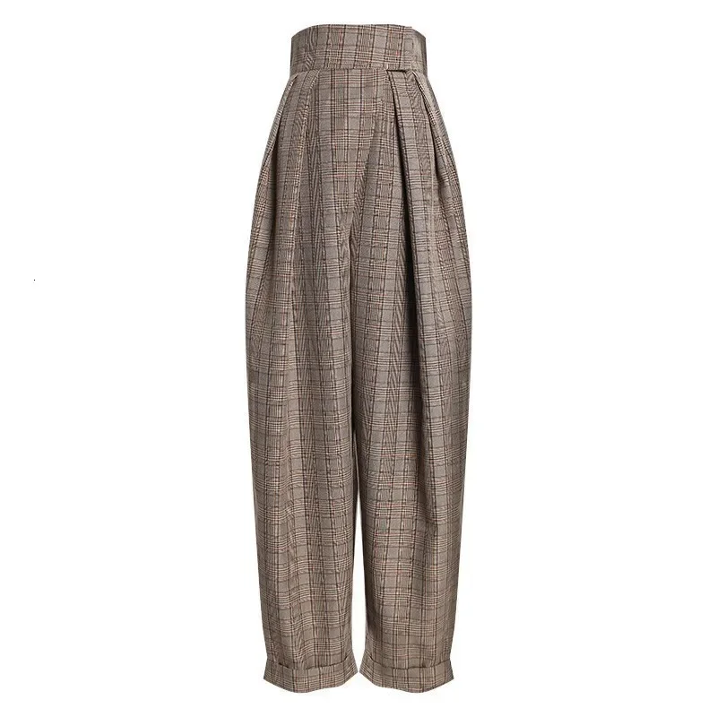 High Waist Plaid Ruched Harem Trousers for Women Casual Ankle Length Pants Female 2021 New Asymmetrical Fashion Autumn Korean