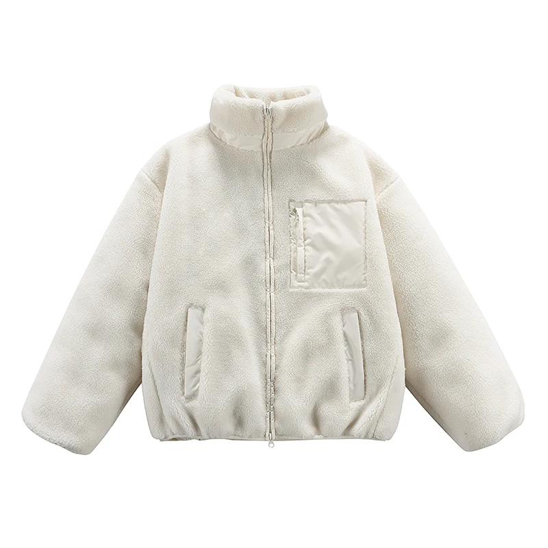 

Пуховик с вставками из овечьей шерсти, свободный крой, воротник-стойка, на молнии, молодежный стиль, теплая верхняя одежда для мужчин и женщин