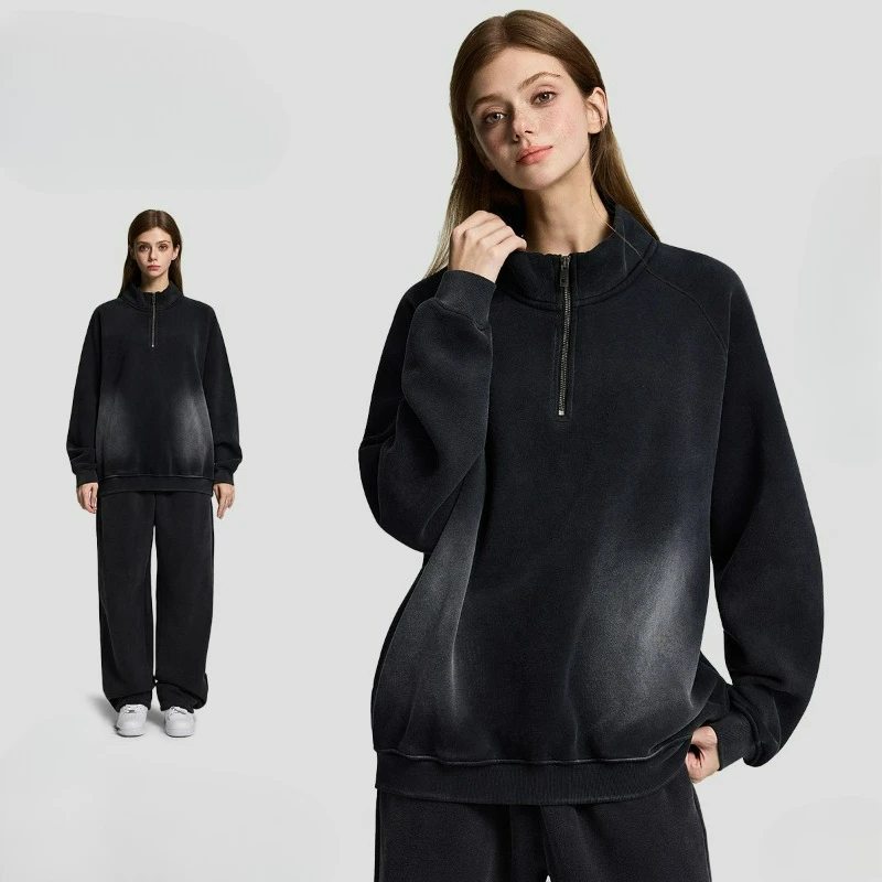 

2026 Осенняя модная одежда с воротником-стойкой и длинными рукавами, толстовка с длинными брюками, комплект из двух предметов, утолщенная толстовка с половиной молнии для мужчин и женщин