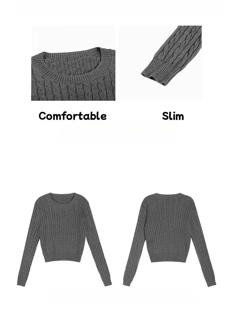 Twist Autumn Winter Knit Sweater Sweater Short Waist Retro Slim Bottom Round Neck Long Sleeve Pullover Top Women