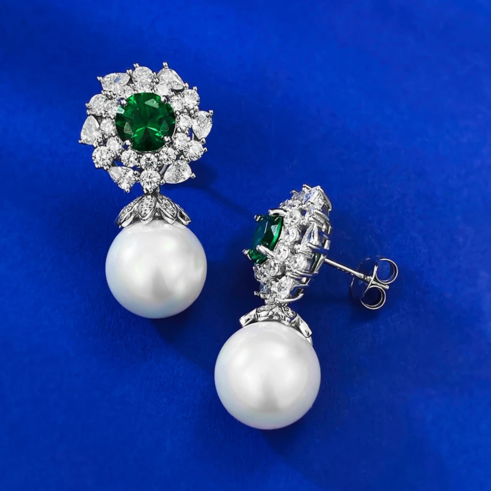 Wong Rain Elegant 100% 925 Sterling Silver 12MM Pearl Emerald Gemstone Drop Earrings Ladies Trendy Vintage Jewelry Free Shipping