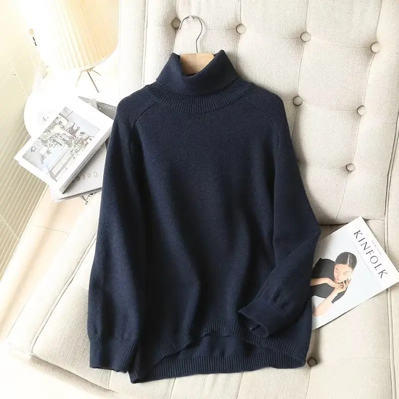 Maxdutti Loose Knitwear Boyfriend Turtleneck Navy Sweaters Women French Vintage Wool Sweaters