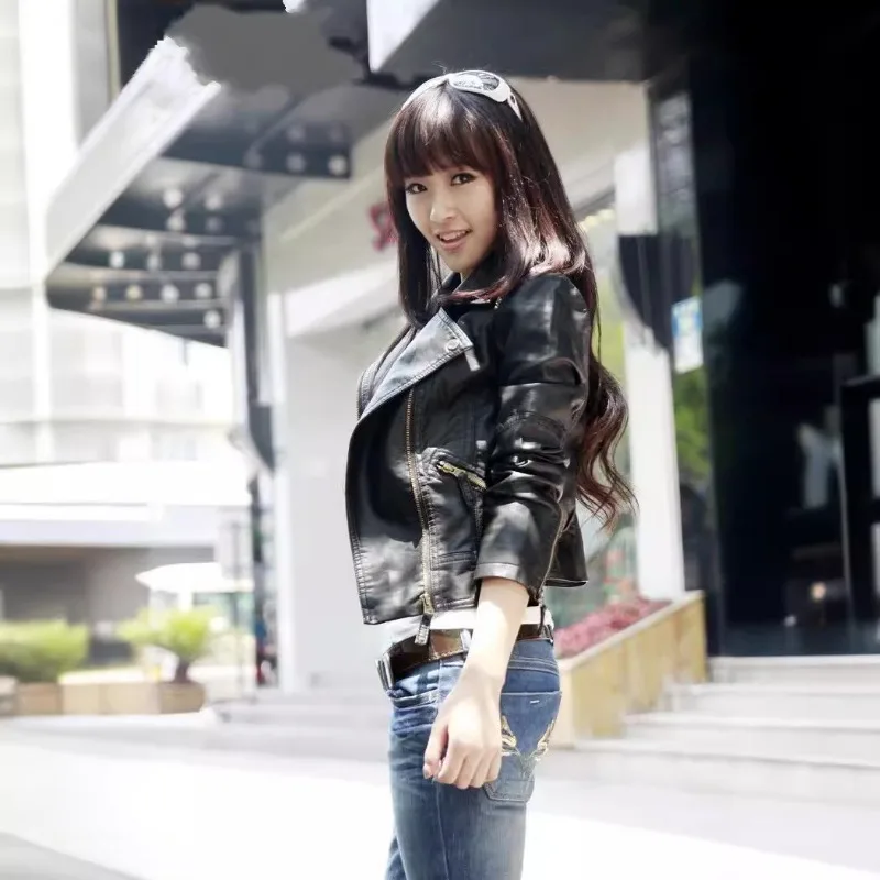 신상 자켓 봄 가을 여성용 PU 가죽 자켓 짧은 패션 슬림 블랙 PU 소형 코트 커프스 지퍼 디자인 여성 코트 S-3XL