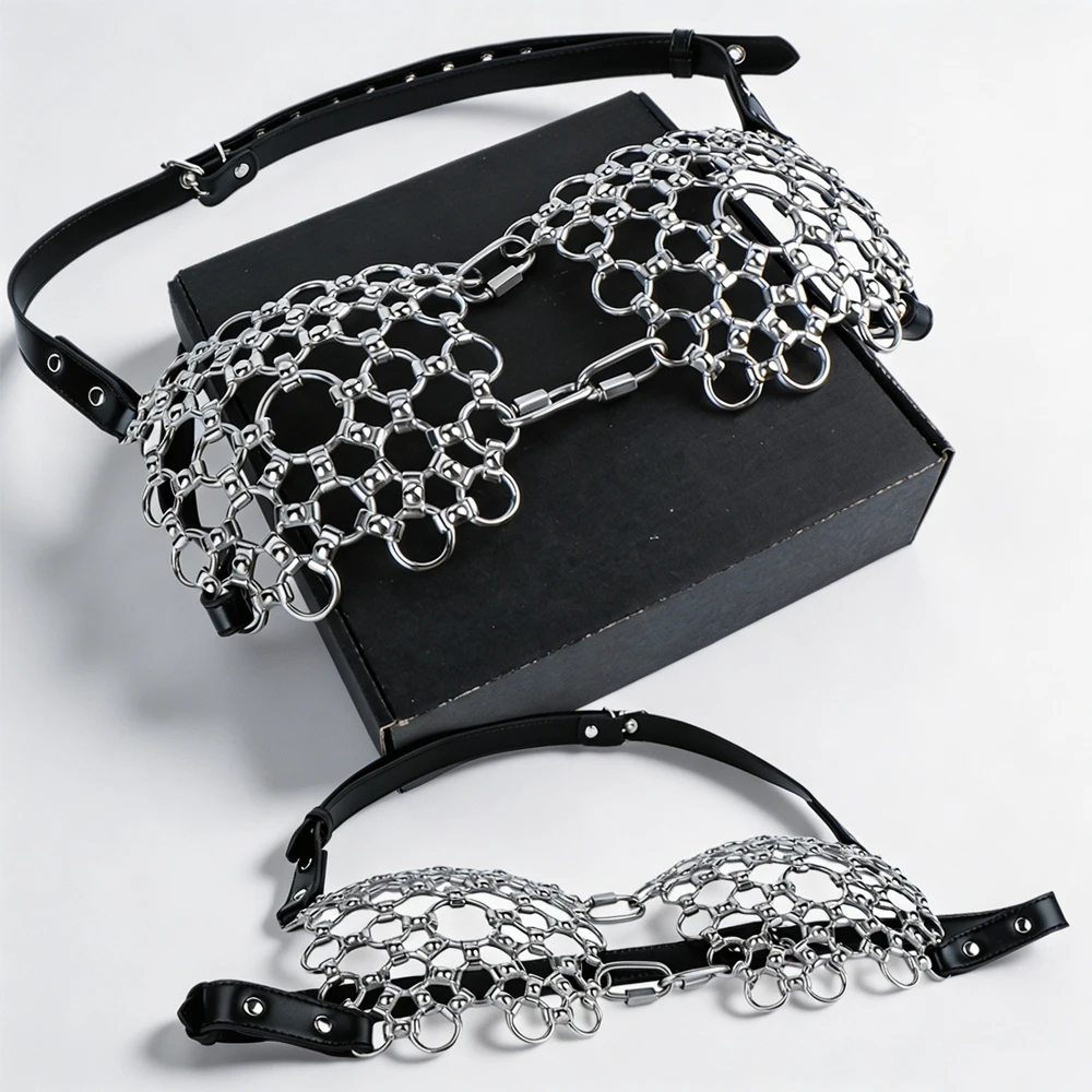 LEZEE Stainless Steel Mesh Bra Harness For Women Leather Belt Bondage Restraint Chest Lingerie Underwear Adult BDSM Sex Toys