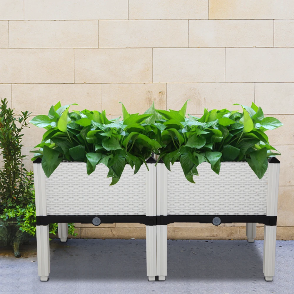 

2Pcs Free Splicing Injection Planting Box - White Rattan Style Outdoor Garden Planter Durable Lightweight Raised Bed for Patios