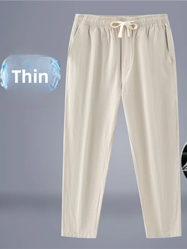 

Мужские летние тонкие брюки из чистого льна премиум-класса, укороченные, из хлопка и льна, приталенные, повседневные, модные, прямого кроя, с эластичным поясом