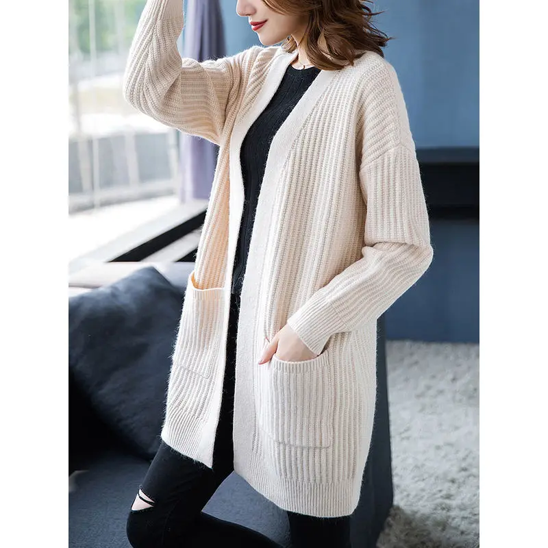 Cardigan da donna oversize allentato scialle di media lunghezza autunno inverno nuova giacca maglione stile pigro cappotto in maglia madre di mezza