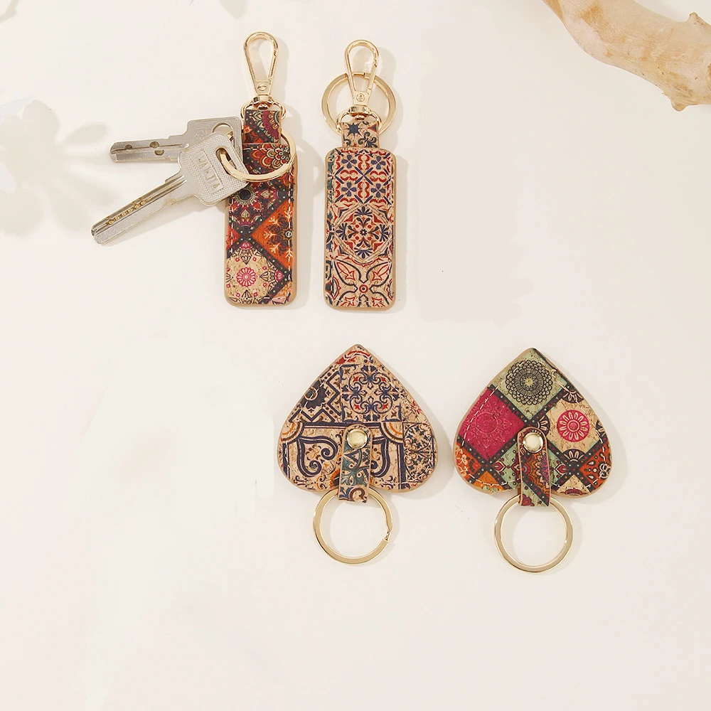 8pcs Keychain  Cork Leather Geometric Rectangular Heart Shaped Car Bag Key Ring