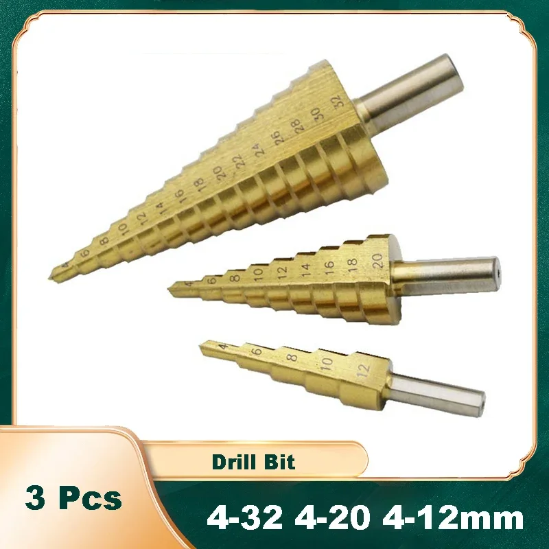 

3Pcs 4-12 4-20 4-32 Mm HSS Titanium Coated Step Drill Bit Drilling Power Tools for Metal HSS Wood Hole Cutter Cone Drill