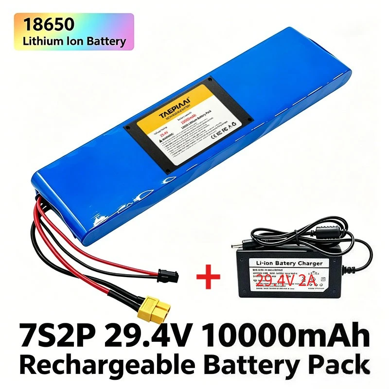 7S2P 29.4V 10000mAh 18650 Li-ion Battery Pack 24V 10Ah Rechargeable with BMS for Electric Bike Scooter Wheelchair + Charger
