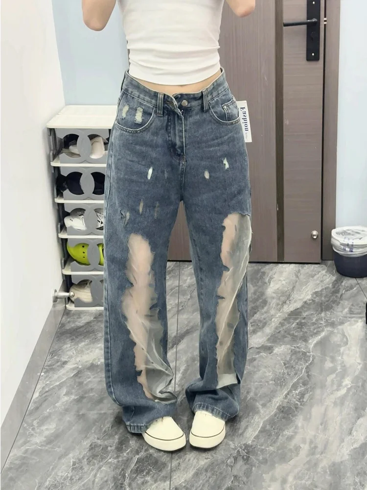 

Джинсы женские в американском стиле, с вырезами, из денима с градиентной окраской, винтажные, с эффектом потертости, микро-клеш, длиной в пол