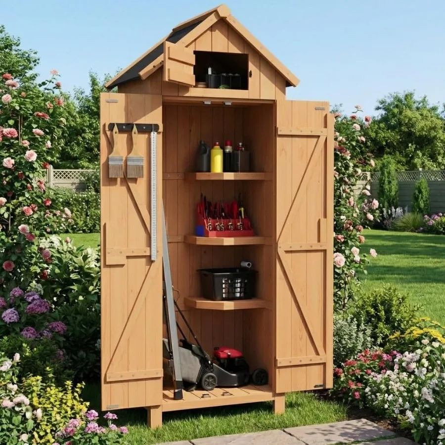 Outdoor Storage Cabinet for Yard Deck Lawn Farmland, Wooden Vertical Garden Tools Shed in Brown, Waterproof and Lockable with 3