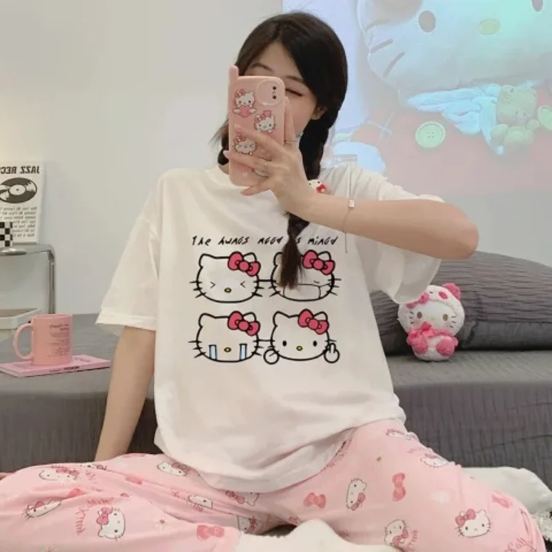 

Милые пижамы Hello Kitty с героями мультфильмов, домашняя одежда Sanrio для милых девочек, удобная одежда для дома, которую можно носить на улице, свободная домашняя одежда