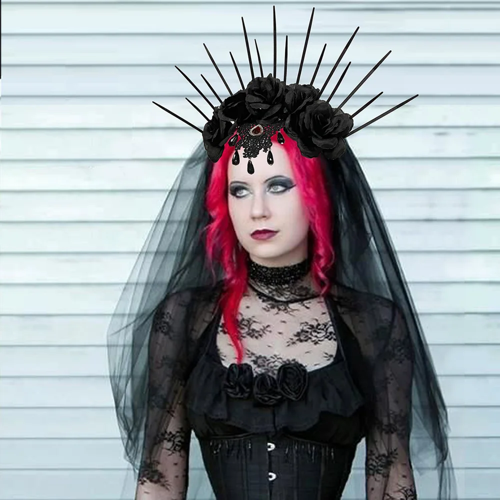 Black Gothic Flower Crown With Veil Witch Wedding Crown Halloween  Costume Spiked Sun Burst Headband