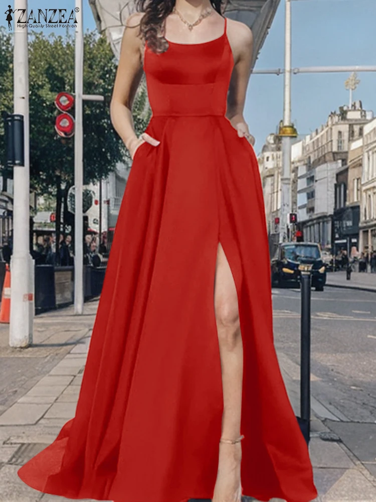 ZANZEA-vestido largo liso de 3 colores para mujer, Vestidos sexis sin mangas con tirantes, vestido veraniego para fiesta de verano, batas holgadas elegantes con abertura larga