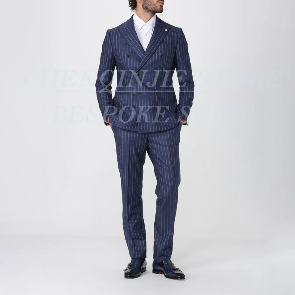

Luxury Pinstripe Men's Suits High Quality 2 Piece Jacket Pants Sets Elegant Double Breasted Peak Lapel Skinny Male Clothing