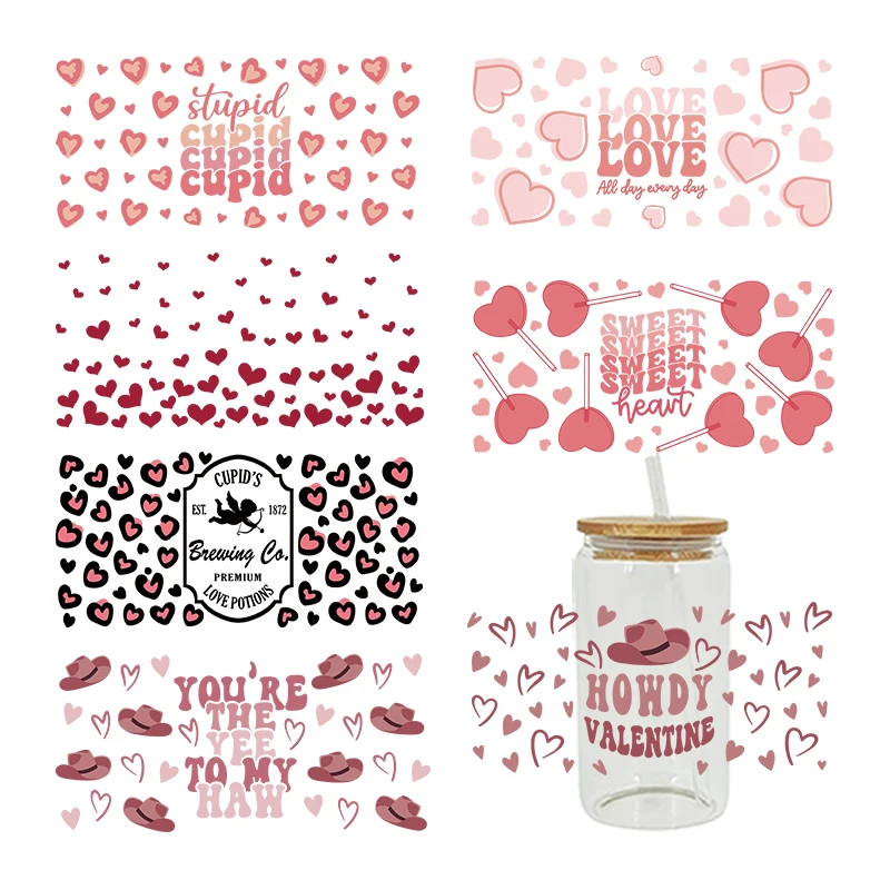 UV DTF Transfers Stickers, Cup Wraps, Love Printed for DIY Glass, Ceramic Metal Leather, Valentine's Day, 3D, 16oz D6016