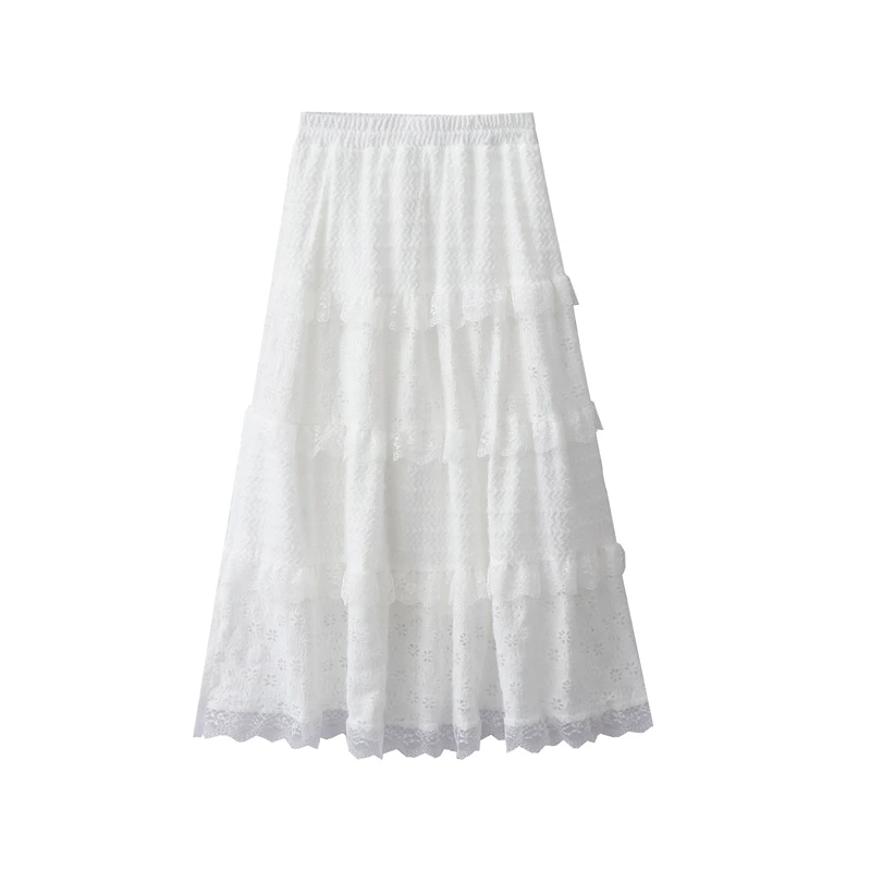 Spring Summer New Women's French Sweet Wind Lace Stitching Slim High Waist Plus Velvet A-shaped Skirt Girl Long Cake Skirt 2025