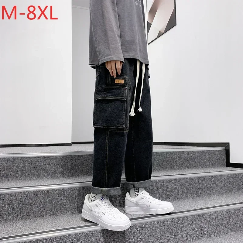 

Plus Size 8XL Cargo Jeans Men Streetwear Denim Jogger Pants Men Harem Jean Trousers Mens Loose Fitting Sports Casual Jeans