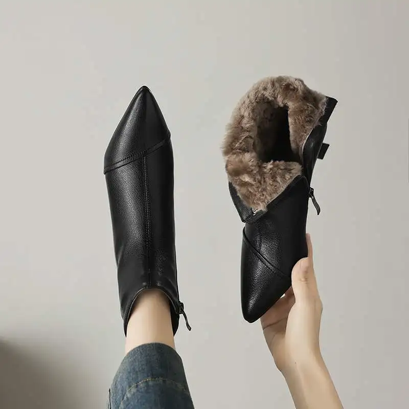 Krazing Pot 2027 Sheepskin Wool Fur Pointed Toe Stiletto Med Heels Modern Snow Boots Keep Warm Winter Shoes Elegant Ankle Boots
