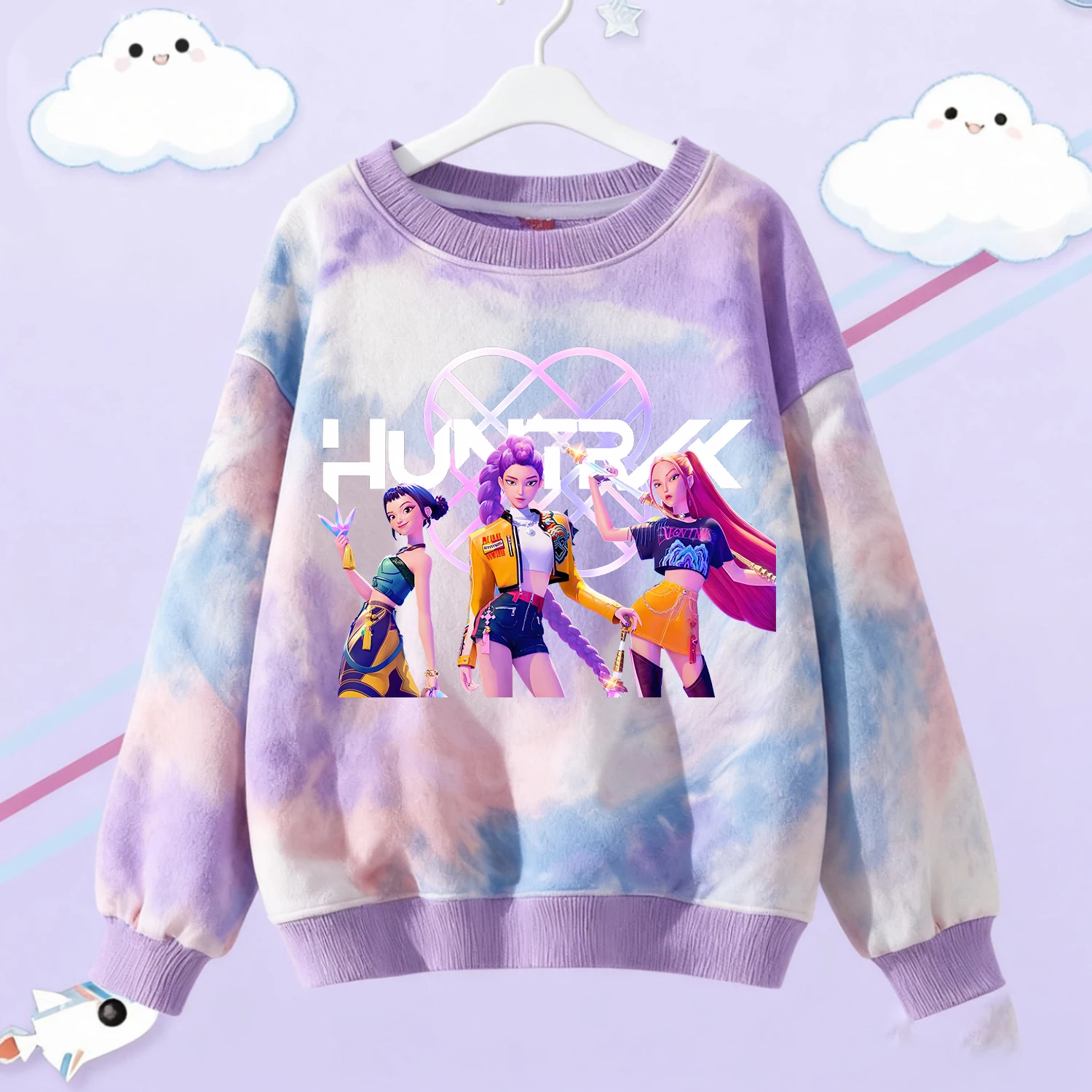 

Kpop Demon Hunters толстовка с принтом тай-дай для детей, одежда с героями мультфильмов, фиолетовые толстовки для девочек, верхняя одежда с круглым воротником, одежда в подарок