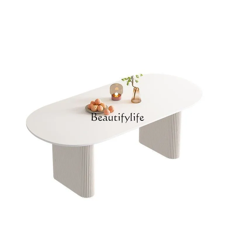 

-*Cream wind pure white rock slab dining table household light luxury style modern simple and generous French style